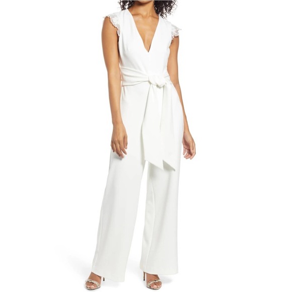 MARK AND JAMES BADGLEY MISCHKA Reo Lace Cap Sleeve Jumpsuit In Ivory - Picture 1 of 7